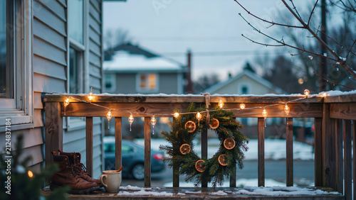 A christmas wreath with dried orange slices on a wooden porch railing with string lights and boots on a snowy day in front of a house