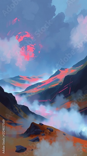 Abstract Digital Painting of a Surreal Mountain Landscape with Vibrant Pink Ethereal Glow and Low-Lying Mist
