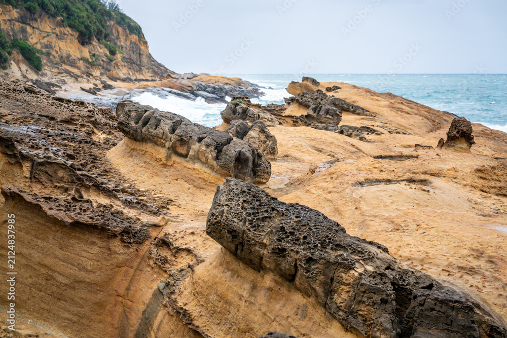 Fototapeta premium Scenic view of Yehliu park rock formation in Yehliu geopark in New Taipei Taiwan