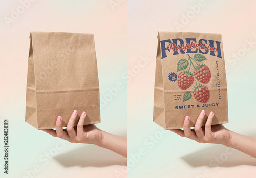 Mockup of Hand Holding a Brown take away Paper Bag