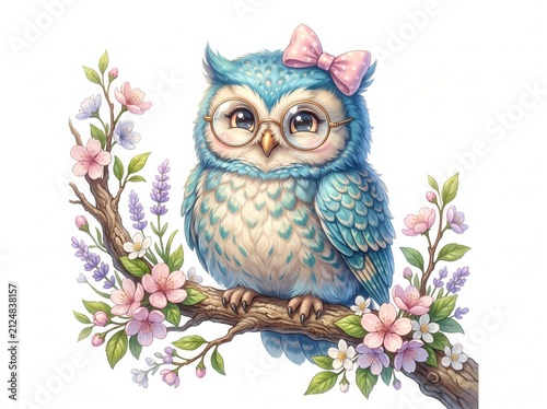 Cute blue owl with glasses and bow. Adorable bird illustration on a floral branch.