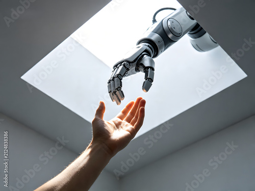 A futuristic robotic arm reaches down through dramatic spotlight to help a human hand rising out of a dark box below. The image symbolizes artificial intelligence assisting and collaborating with huma