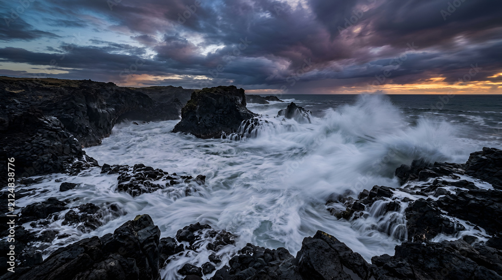 Fototapeta premium Sea waves crashing on volcanic rocks under stormy sunset sky