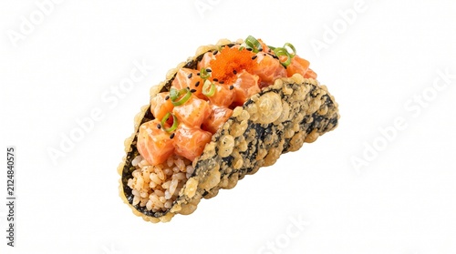 45 degree view of fusion Sushi Taco with salmon isolated on pure white background, no shadow.