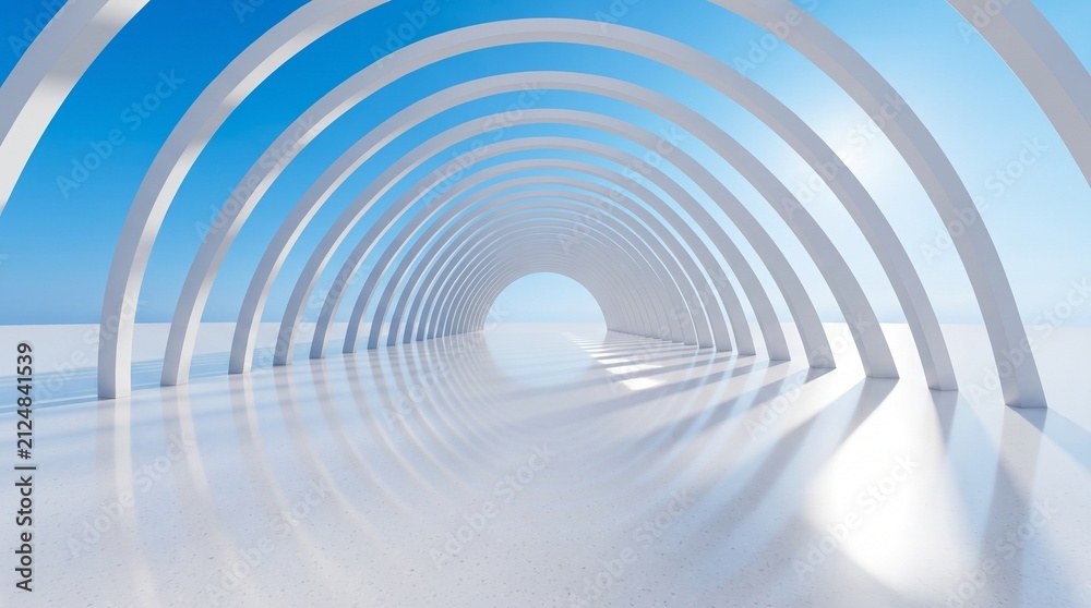 Obraz premium Minimalist 3D abstract corridor with white arches. Futuristic tunnel with blue sky. Clean geometric concept for business growth, technology innovation and success.