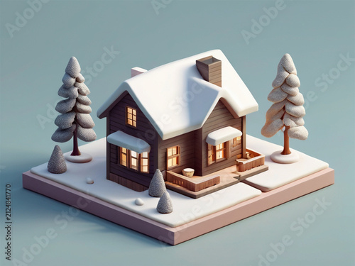 Minimalist 3D isometric brown log cabin winter house with snow and pine trees on square base