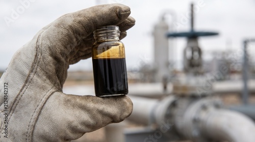 Worker Hand Holding Glass Vial of Crude Oil Sample at Petroleum Refinery Plant