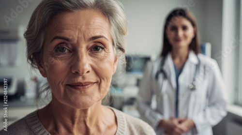 Senior woman looking at the camera in a healthcare setting with a female doctor in the background, symbolizing trust and care in medical environments