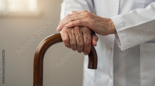 Caring hands of a medical professional resting on a cane in a gentle light, symbolizing support, compassion, and assistance for the elderly and disabled individuals