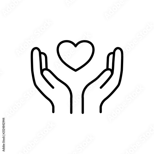 Принти на полотні Minimalist line icon featuring cupped hands holding a heart, symbolizing care, compassion, emotional support, love, and dedicated nursing assistance for elderly citizens