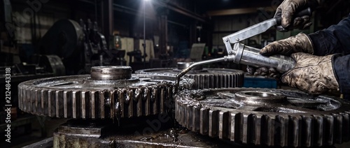 Worker hands in gloves lubricating large metal gears with grease gun in industrial factory setting, close up