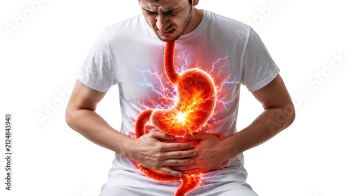 Man suffering from stomach pain with glowing digestive system inflammation and abdominal discomfort medical illustration isolated on white background