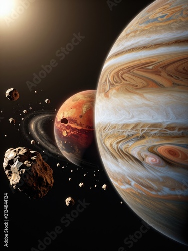 Swirling gas planet resting beside ringed celestial body and rocky asteroids. Jupiter with atmospheric cloud bands positioned beside ringed rocky planet and asteroids in outer space.