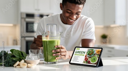 Healthy Lifestyle with Green Smoothie Preparation in Modern Kitchen Featuring Fresh Ingredients and Tablet Recipe Display