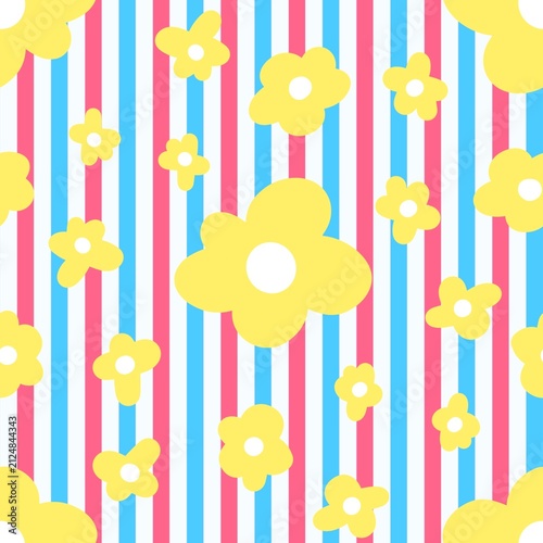 Cute Yellow Floral Seamless Pattern on Pink and Blue Striped Background