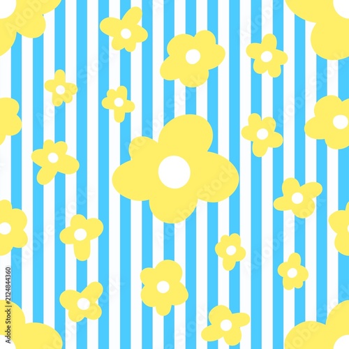Cute Yellow Floral Pattern Seamless with Fresh White Blue Gingham Texture Background