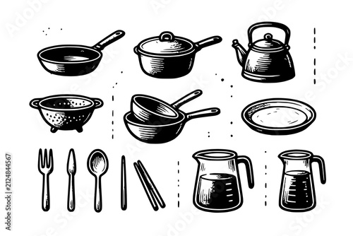 Kitchen accessories composition displays pots and pitchers in a decorative sketch style perfect for restaurant or menu branding designs.