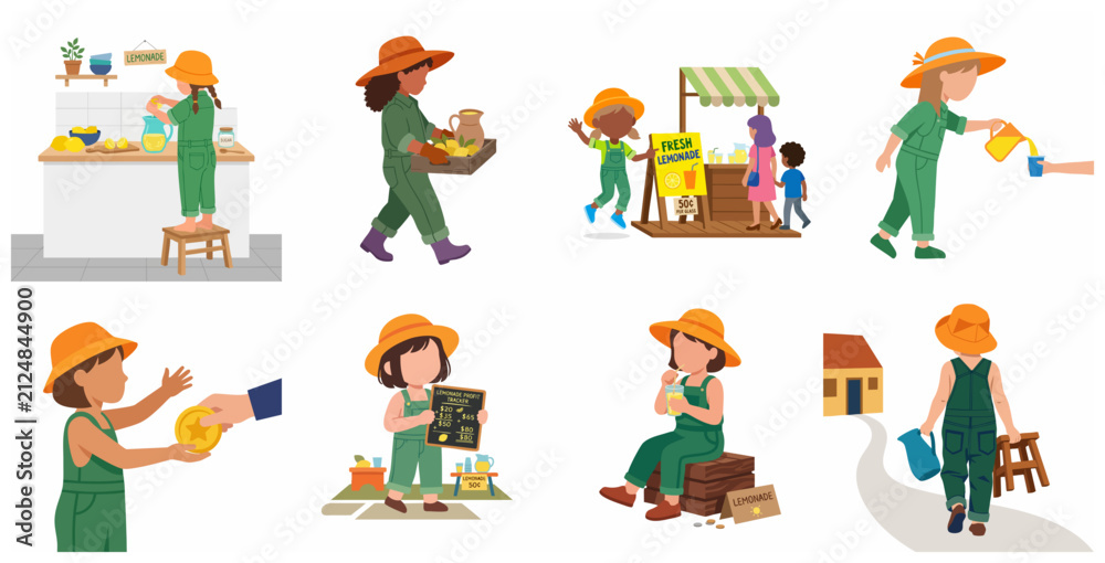 Naklejka premium Set of illustrations featuring children running a lemonade stand business, from preparing ingredients to selling and profit tracking.