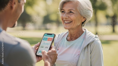 Smiling elderly woman enjoying technology and fitness outdoors as man shows health app on smartphone during a sunny day in a vibrant park setting
