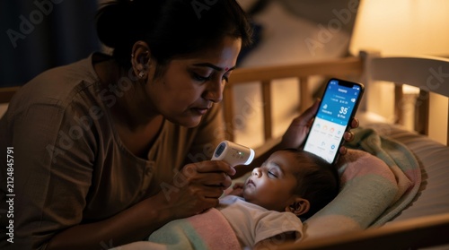 Caring mother monitoring health of her newborn baby in a dimly lit room using a thermometer and smartphone during nighttime hours with soft lighting