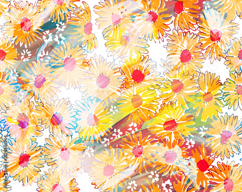 Foto Artistic watercolor daisy floral seamless pattern, painterly yellow flowers with