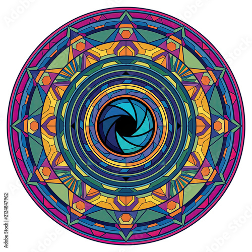 Colorful Geometric Mandala with Central Camera Aperture Illustration