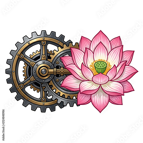 Pink Lotus Flower with Interlocking Mechanical Gears Illustration