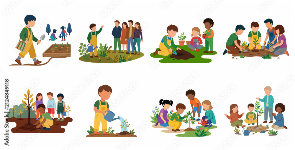 Fototapeta premium Vector Illustration Set of Diverse Children and Adults Planting Trees and Gardening for Environmental Conservation