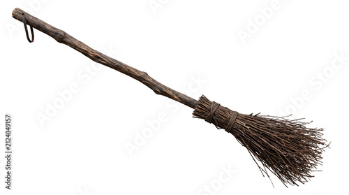 Classic Wooden Witch Broomstick Isolated on White Background, Realistic Halloween Magic Accessory