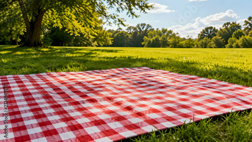 Red and white checkered picnic blanket on grass under sunny sky  
