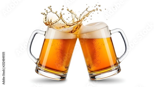 Two beer mugs clinking together with foam splashing