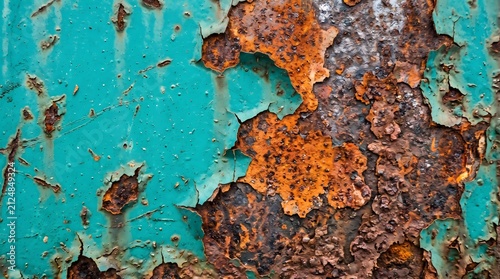 Abstract background texture featuring peeling turquoise paint and corroded metal surface