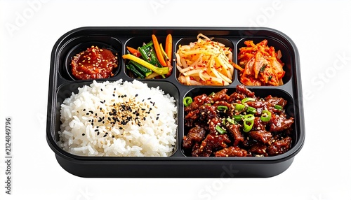 Realistic Korean bento, bulgogi, kimchi, rice, colorful, isolated, white background.