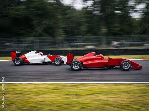 High-speed side view of two racing cars competing on a track with motion blur, showcasing a thrilling wheel-to-wheel battle during a professional motorsports event.