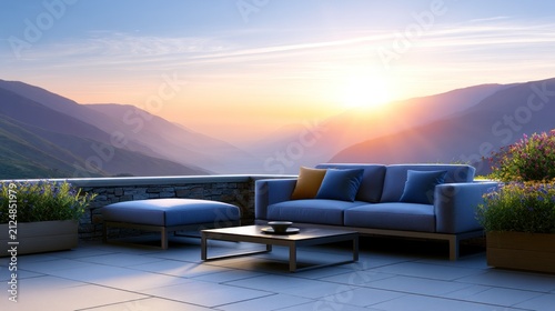 Modern terrace with blue seating overlooking mountains and sunrise; vibrant, tranquil setting