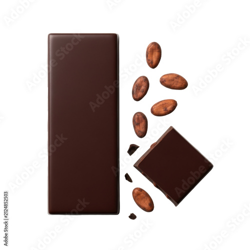 A premium dark chocolate bar, rectangular, thick, deep rich dark brown, velvety sheen, with one cleanly broken segment revealing smooth interior. Shiny cocoa beans artfully scattered. Isolated on