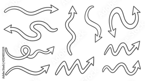 Set of hand drawn wavy arrows with various shapes and directions for design elements