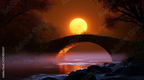 A stone bridge arches over misty water, under a glowing full moon with silhouetted trees in the background