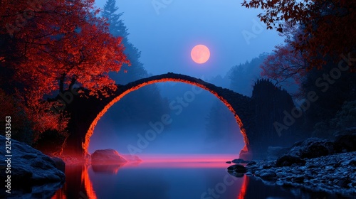 A misty, moonlit night captures a vibrant red arch bridge over tranquil water, surrounded by red foliage