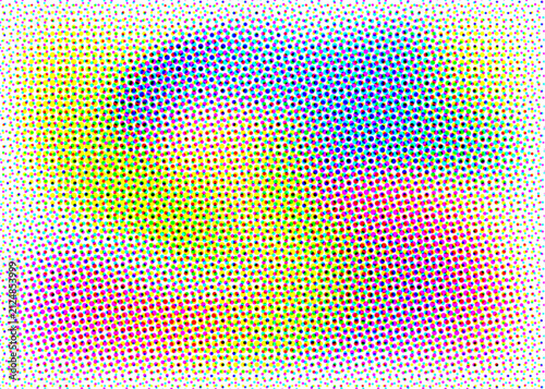 Abstract halftone pattern with vibrant gradient colors of blue, yellow, and magenta dots on a clean white background, for textures