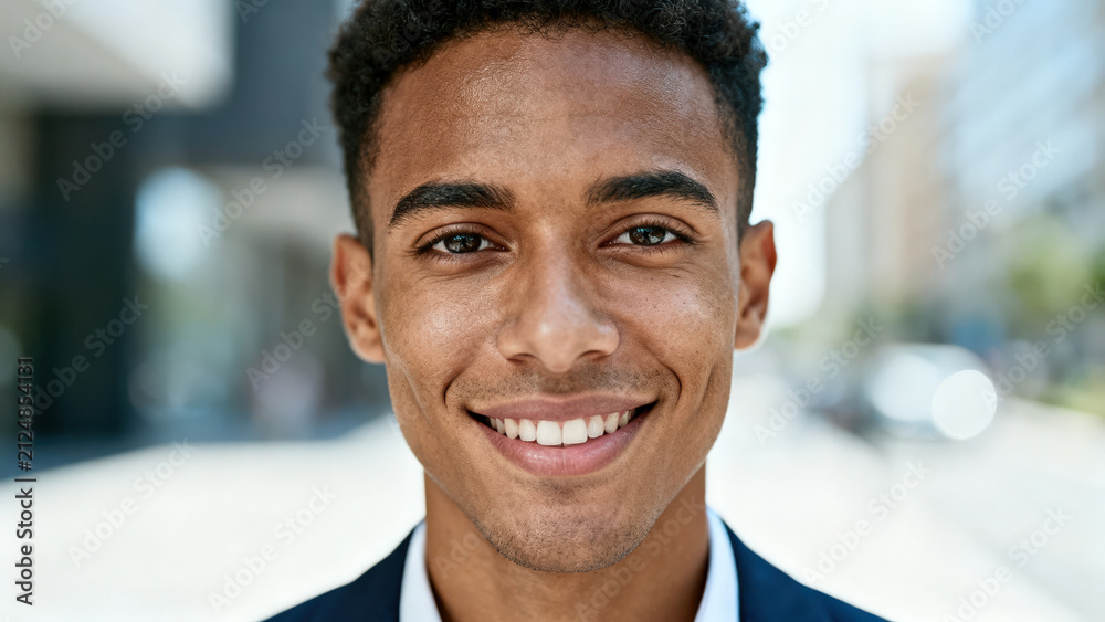 Fototapeta premium Young man smiles on a city street during a sunny day while wearing a suit