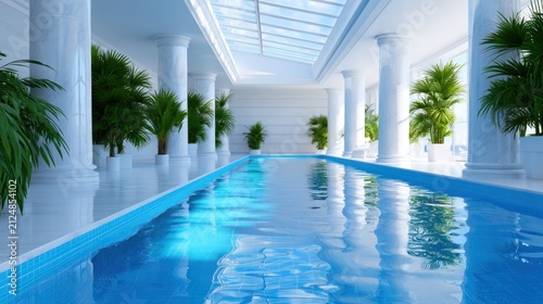 Sunlit indoor pool lined with white columns and lush palm trees reflects blue light elegantly
