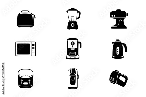 Kitchen appliances are organized in a structured layout featuring small home electronics for modern cooking tasks.