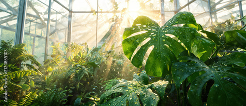 Sunlight shines through glass greenhouse filled with plants during morning hours