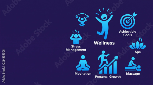 Blue icons illustrate wellness concepts like meditation, stress management, and personal growth, symbolizing healthy living and self-improvement
