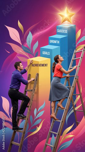 Men and women climbing ladders towards a star, symbolizing achievement and success, with abstract floral elements.