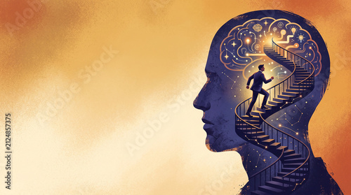 Stylized profile of a human head with a spiral staircase inside, depicting a journey of ideas and growth, symbolizing inspiration and intellectual pursuit.