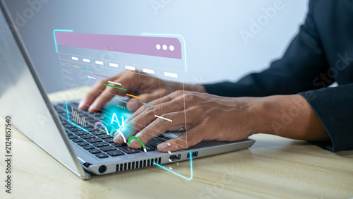 A businessman typing on a laptop with a glowing AI data interface overlay. Perfect for tech blog articles, artificial intelligence software promotion, and corporate digital presentation slides.