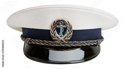 Canvastavla White captain s hat with navy band and gold anchor emblem, isolated on transpare