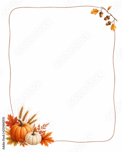 Autumn harvest frame with pumpkins, maple leaves and wheat on a white background creating a seasonal border with copy space for Thanksgiving and Halloween invitations
